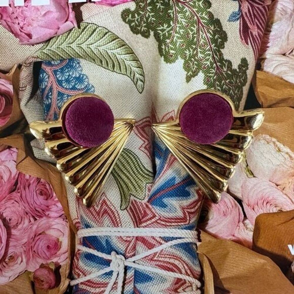 Vintage Gold Fan Triangle Pink Suede Earrings